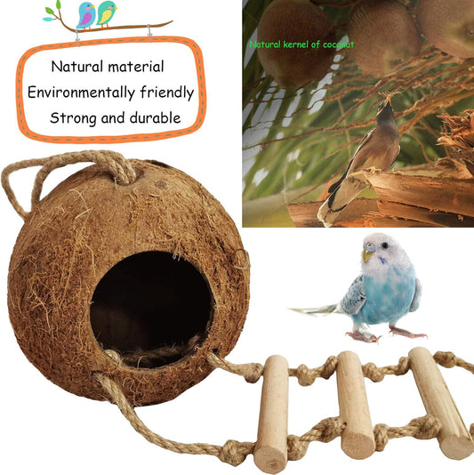 kathson 5PCS Bird Hides Coconut Nest with Ladder Perches Hanging Parrot House Cage Natural Coconut Fiber Parakeet Chewing Toys Intelligence Training Rings for Small Budgies Cockatiels