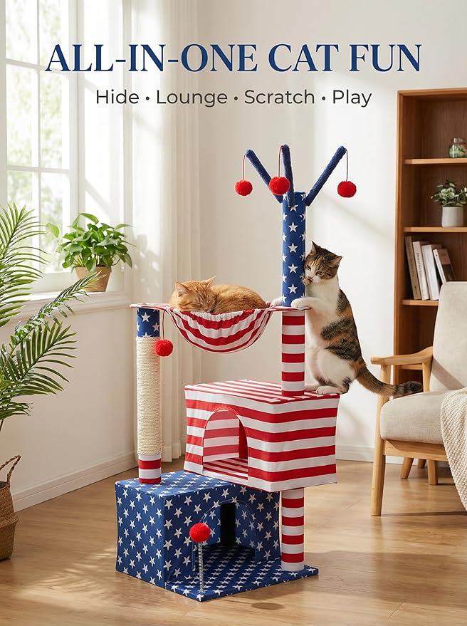American Flag Cat Tree for Kittens & Senior Cats, 45” Stable Cat Tower Corner Fit, Patriotic Star & Stripes Cat House for Small Spaces with 2 Condos, Hammock & Reinforced Scratching Posts