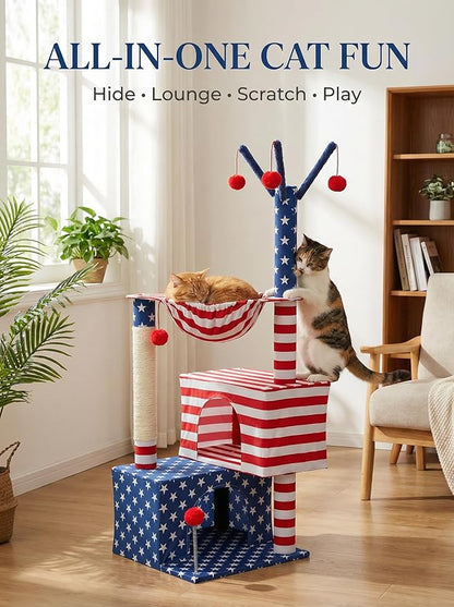American Flag Cat Tree for Kittens & Senior Cats, 45” Stable Cat Tower Corner Fit, Patriotic Star & Stripes Cat House for Small Spaces with 2 Condos, Hammock & Reinforced Scratching Posts