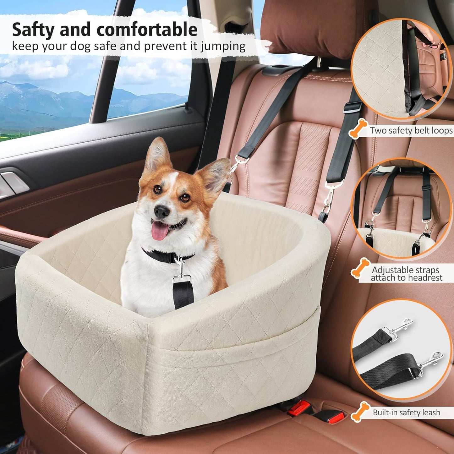 Dog Car Seat for Small Medium Dogs,Detachable Washable Dog Booster Seat Under 30lbs, Pet Car Seat Travel Bed with Storage Pockets and Dog Safety Belt (White) - Pawvie