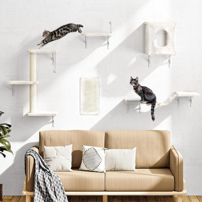 NUNU LAB Wall Mounted Cat Furniture, 5 Pcs Cat Wall Shelves with House, Bridge, Steps, Scratching Post, Shelves, Indoor Safe & Stable Furniture for Kittens Play, Beige