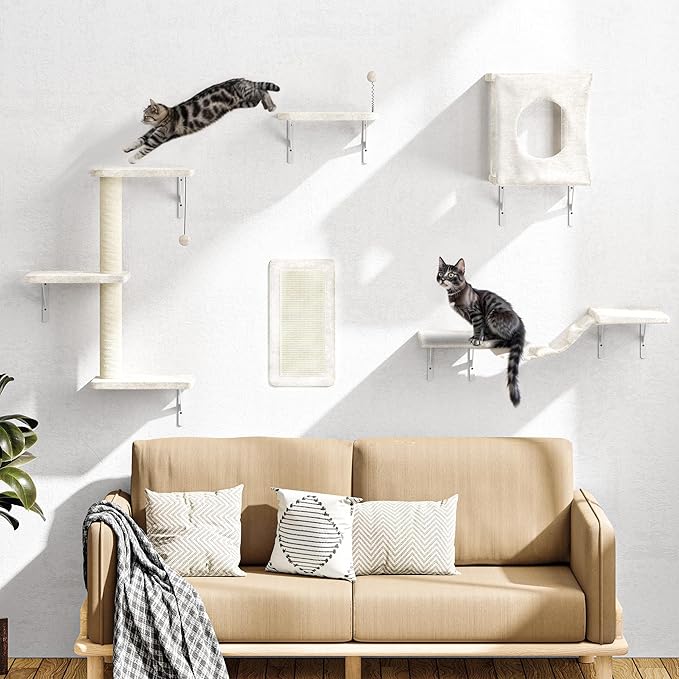 NUNU LAB Cat Wall Shelves, 5Pc Wall Mounted Cat Climber, Floating Perch, Bridge,Tree, House, Modern Indoor Furniture for Kitten - Beige