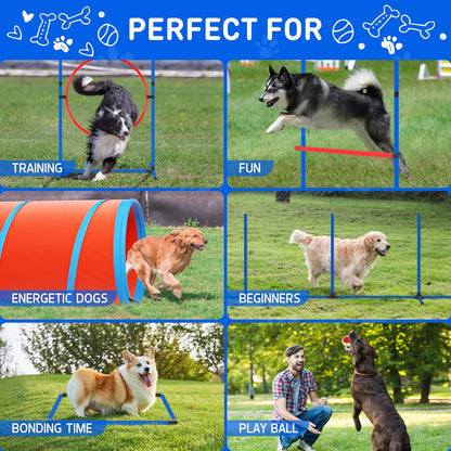 Dog Agility Training Equipment Set, Obstacle Courses Agility Training Kit for Puppy Includes 2 High Hurdles, Standard Tunnel, Blind Tunnel, Jumping Ring, 6 Weave Poles, Pause Box and 2 Carrying Bags