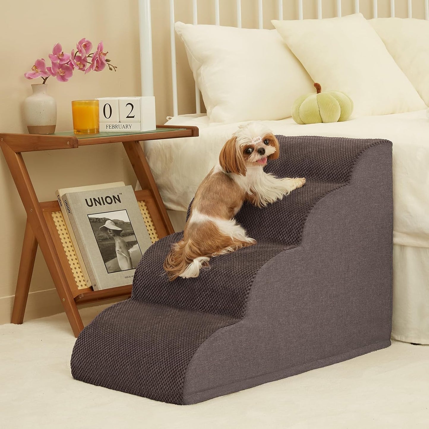 ROMROL Dog Stairs, Romrol Dog Steps Ramp for High Bed and Couch, Dog Ramp with Durable Non-Slip Waterproof Fabric Cover, Pet Stairs for Small Dogs and Cats or Pets Joints, 4-Tiers,Coffee - Pawvie