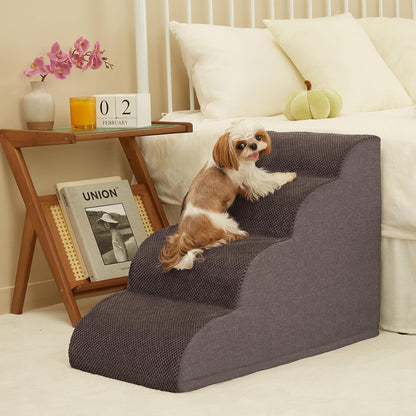 ROMROL Dog Stairs, Romrol Dog Steps Ramp for High Bed and Couch, Dog Ramp with Durable Non-Slip Waterproof Fabric Cover, Pet Stairs for Small Dogs and Cats or Pets Joints, 4-Tiers,Coffee - Pawvie