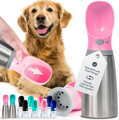 MalsiPree Insulated Dog Water Bottle - 24 Oz, Pink - Leak-Proof Stainless Steel Portable Travel Dispenser & Bowl