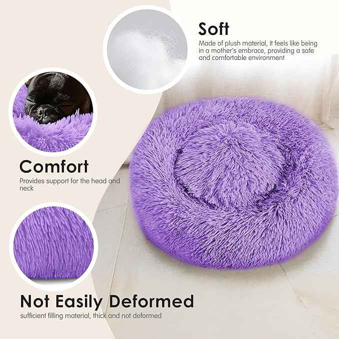 28in Large Dog Bed, Medium Size Dog and Cats, Calming Donut Bed for Puppy and Kitten, Washable Round Fluffy Pet Bed (Purple)