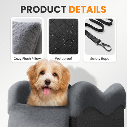 Portable Small Dog Seat for Car(Up to 11LB),Luxury Center Console Dog Car Seat Booster with Safety Tethers,Auti-Collapse Pet Travel Carrier for SUV,Truck.(Black/Grey)