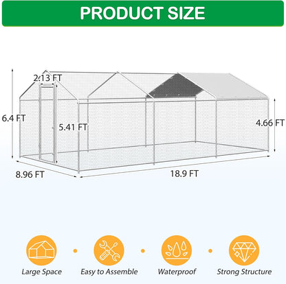 Large Metal Chicken Coop, Walk-in Chicken Run Pen with Waterproof Cover, Spire Roof Poultry Cage for Outdoor, Backyard, Farm
