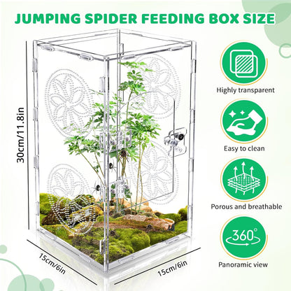 Jumping Spider Enclosure, 12x6x6 Inch Acrylic Tarantula Enclosure, Jumping Spider Accessories with Front Opening Door