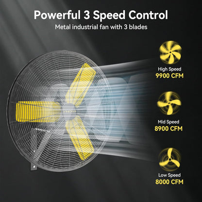30 Inch Industrial Wall Mount Fan Oscillating, 8900 CFM Commercial Metal Wall Fans with Poweful Motor, 3 Speed, Heavy Duty Construction Indoor for Warehouse, Workshops, and Garage, UL Listed