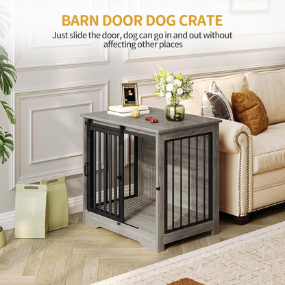 27.2" Dog Crate Furniture with Barn Door, Heavy Duty Dog Kennel Indoor with 2 Doors, Wooden Pet Cage End Table for Small Medium Dogs up to 22 lb, Anti-Chew Anti-Escape, Greige DFC84305B