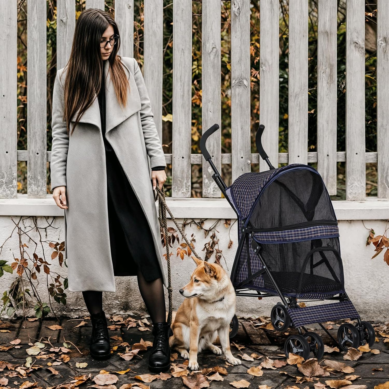 MoNiBloom 4 Wheels Pet Stroller, Easy-Fold Umbrella Shaped Dog Cat Jogger Stroller w/Storage Bag & Visible Mesh for Small/Medium Dogs Cats Plaid - Pawvie