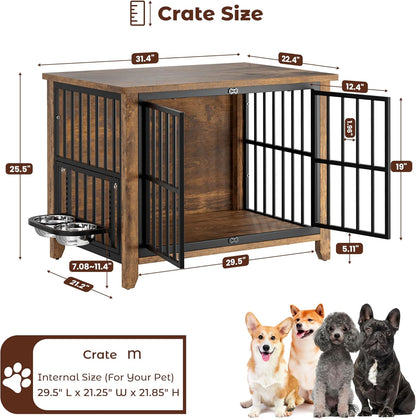 Lulive Dog Crate Furniture, Wooden Dog Kennel Indoor with Adjustable 360°& Height Dog Bowls, Double Doors Furniture Dog Crates End Table for Small/Medium 31.5" L*22.5" W*25.6" H, Brown