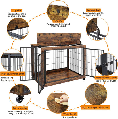 IchbinGo Dog Crate Furniture, Wooden Dog Crate Table, 43.7" Dog Kennel with 3 Doors, Flip-up Top Opening and Wheels, Decorative Pet Crate House for Large/Medium/Small Dog Indoor Use (Rustic Brown)