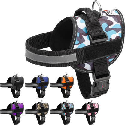 Dogline Dog Harness, Reflective No-Pull Adjustable Vest with Handle for Walking, Training, Breathable, No - Choke Harness for Small, Medium or Large Dogs Room for Patches Girth 27 to 34 in Blue Camo
