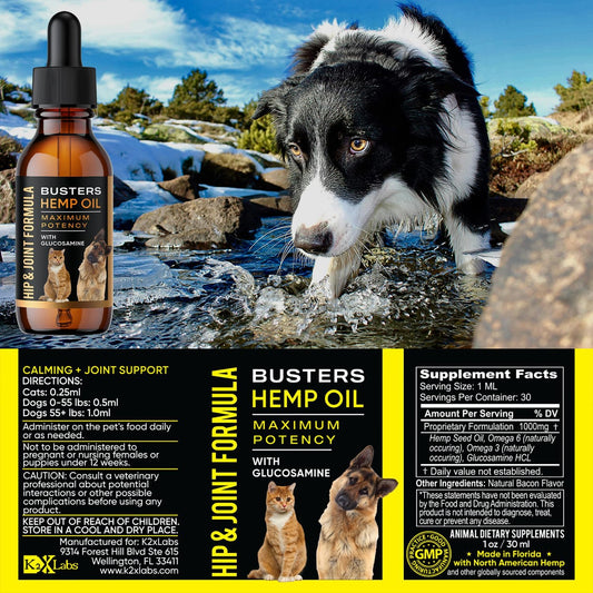 Busters Hip and Joint Hemp Oil for Dogs Formula with Glucosamine, 2Pack 2Month Supply, Soothing Relief for Cats, and Pets, Advanced Mobility Support