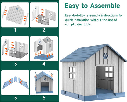 Vixzen 38in Large Outdoor Dog House,Durable Water Resistant Resin Dog House,Doghouse for Small to Large Dogs Indoor or Outside,with Air Vent and Elevated Floor,Blue