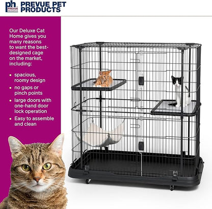 Prevue Pet Products Deluxe Cat Home - Cat Cage Home with 3 Levels, Spacious Indoor Pen, Includes Hammock, Durable & Easy to Clean Kennel, with Rolling Wheel Casters - Black