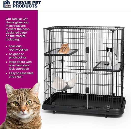 Prevue Pet Products Deluxe Cat Home - Cat Cage Home with 3 Levels, Spacious Indoor Pen, Includes Hammock, Durable & Easy to Clean Kennel, with Rolling Wheel Casters - Black