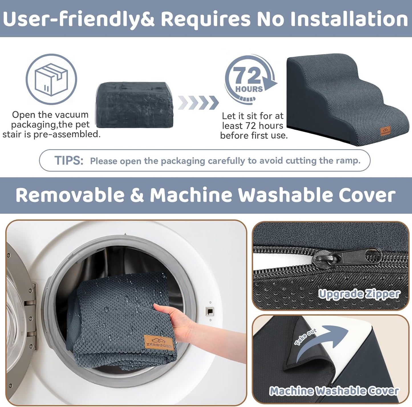 Dog Ramp and Stair for Bed 16" H-20 H,3-Step Cat Stair for Sofa and Chair,4-Step Dog Ramp for High Bed and Window,Durable Nonslip Fabric Cover for Indoor (Dark Grey-16 H, Pet Friendly, 3)