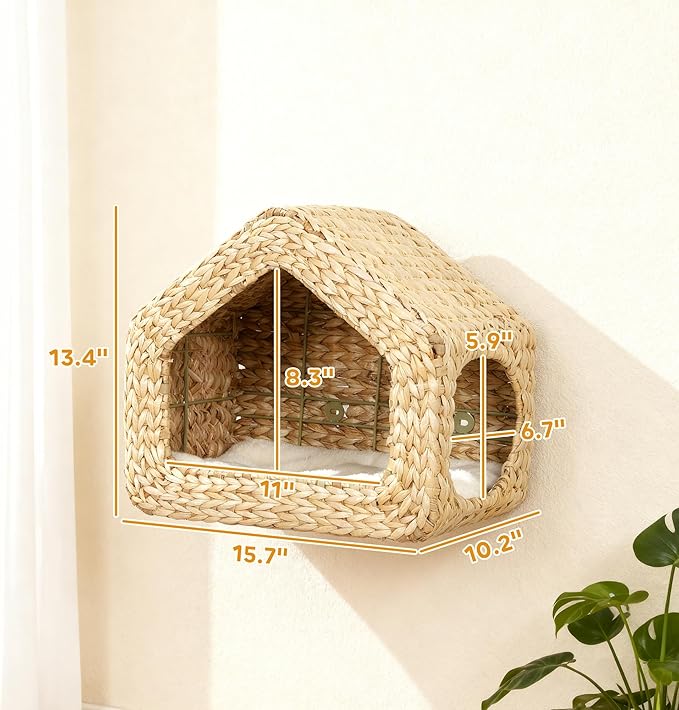 PawHut Wall Mounted Cat House, Cat Wall Condo Furniture with Washable Cushion, Kitty Shelf Bed for Indoor Cats Kittens, Natural