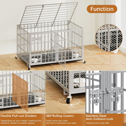 aboxoo 48/42 inch Heavy Duty Metal Dog Crate for 2 Dogs/Large Dog,All Metal Open Top,Dog Kennel Indoor with Wheels,Floor Grid, Tray, Divider and Feeding Bowl (Sliver)