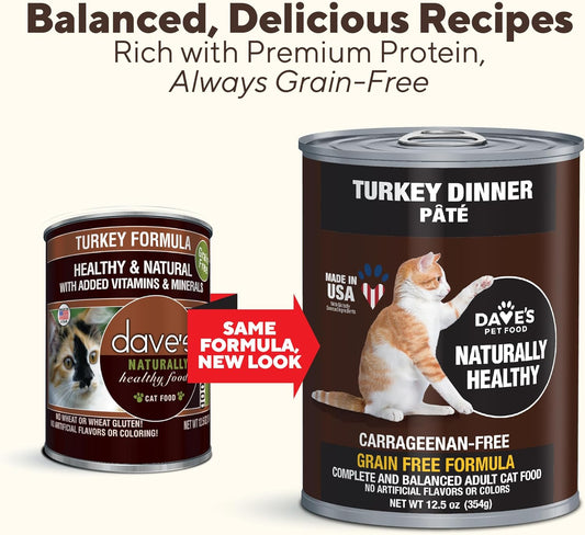 Dave's Pet Food Grain Free Wet Canned Cat Food (Turkey), Made in USA Naturally Healthy, Added Vitamins & Minerals, Gluten-Free, 12.5 oz Cans (12 Pack)