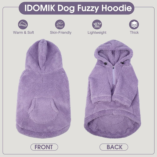 IDOMIK Fuzzy Dog Sweater with Adjustable Hood, Warm Fleece Dog Sweater Hoodie with Harness Hole & Pocket, Pullover Sweaters for Large Dogs, Fuzzy Hooded Sweatshirt for Fall Winter Christmas,Purple,2XL