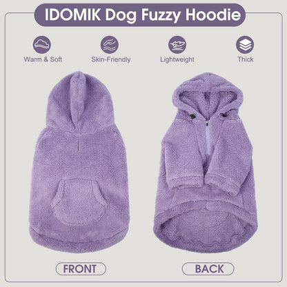 IDOMIK Fuzzy Dog Sweater with Adjustable Hood, Warm Fleece Dog Sweater Hoodie with Harness Hole & Pocket, Pullover Sweaters for Medium Dogs, Fuzzy Hooded Sweatshirt for Fall Winter Christmas,Purple,M