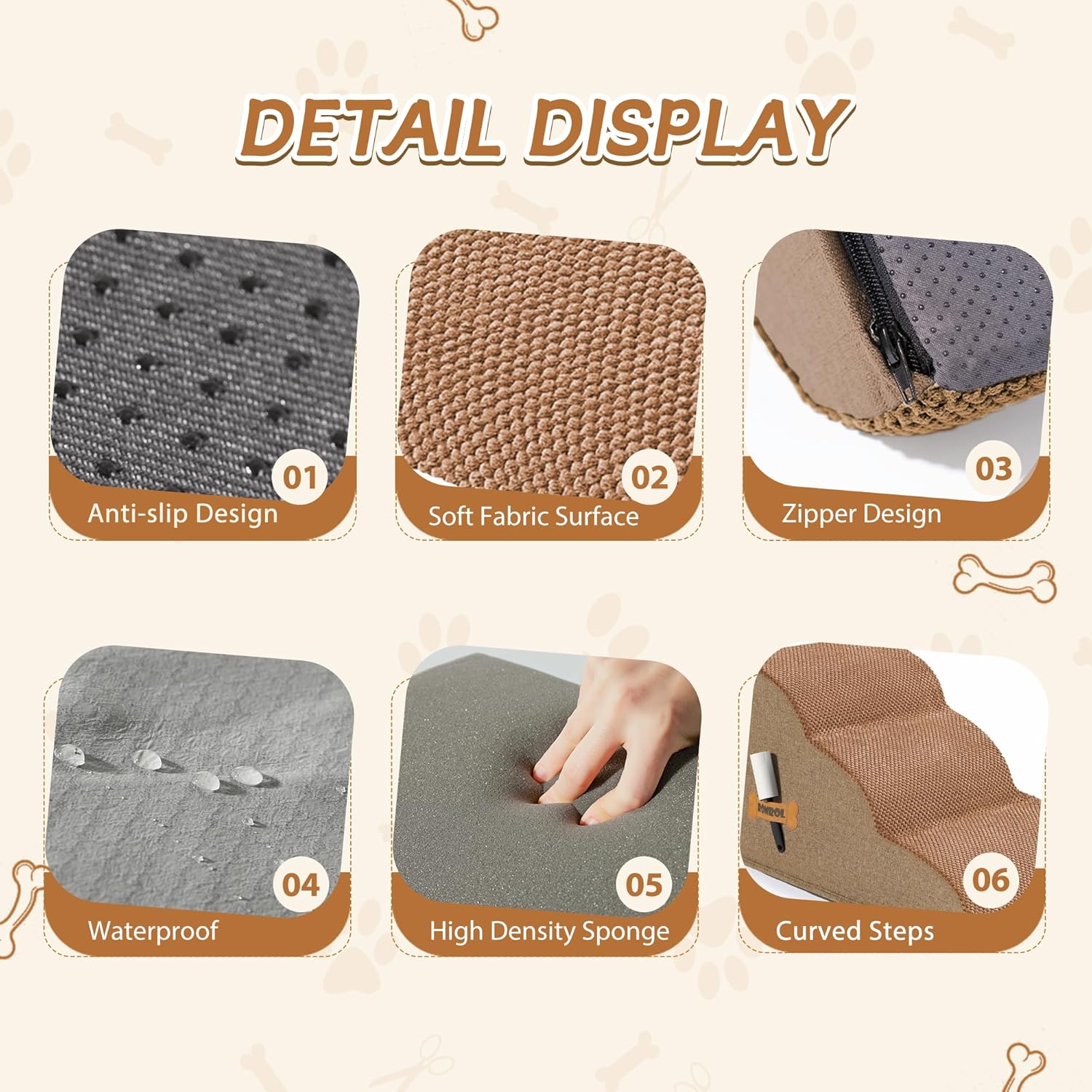 Romrol Dog Stairs Ramp for High Beds Couches, High Density Foam Pet Steps with Durable Non-Slip Waterproof Fabric Cover, Dog Stairs for Small Dogs or Cats or Pets, 3-Step,15 Inch,Light Brown - Pawvie