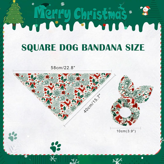 E-Clover Christmas Dog Bandanas & Matching Scrunchie Set White Green Red Dog Scarf Bibs Pet Bandana with Bow Tie for Small Dogs Puppy Owner Mom Winter