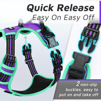 Eagloo Dog Harness for Large Dogs, No Pull Service Vest with Reflective Strips and Control Handle, Adjustable and Comfortable for Walking, No Choke Pet Harness with 2 Metal Rings, Purple & Green, L