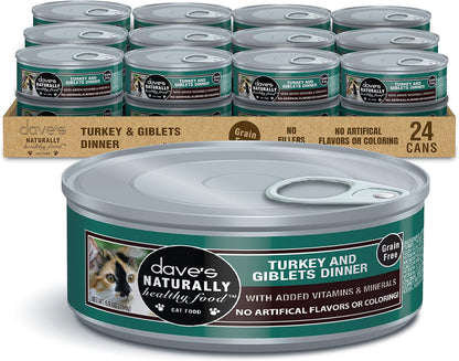 Dave's Pet Food Grain Free Wet Cat Food Gravy (Turkey & Giblets Dinner in Gravy), Made in USA Naturally Healthy Canned, Added Vitamins & Minerals, 5.5 oz Cans (24 Pack)