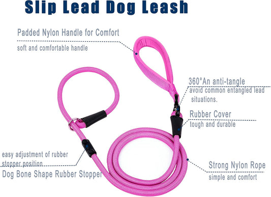 Slip Lead Dog Leash,Strong Nylon Rope Leash and Padded Handle,No Pull Outdoor Walking Training Lead for Small Medium Large Dogs(Fuchsia, 1/2"×6ft)