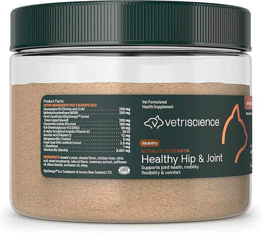 VetriScience Ultimate Strength Healthy Hip & Joint Powder, Glucosamine, Chondroitin and Green Lipped Mussels for Cats, Soothe Joint Discomfort, Cheese & Chicken, 60 Scoops