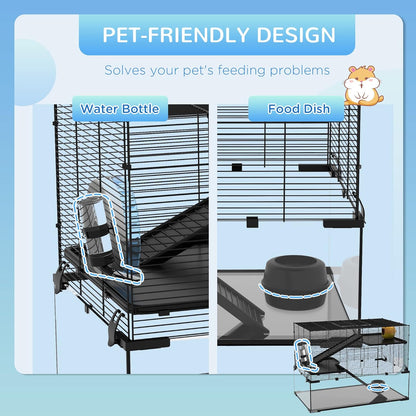 PawHut Large Hamster Cage with Deep Tempered Glass Bottom, 3 Tiers Hamster Tank with Running Wheel, Hut, Water Bottle, Dish, Rat Cage for Syrian, Dwarf, Gerbils, Mouse, 31" x 19" x 21.5", Black