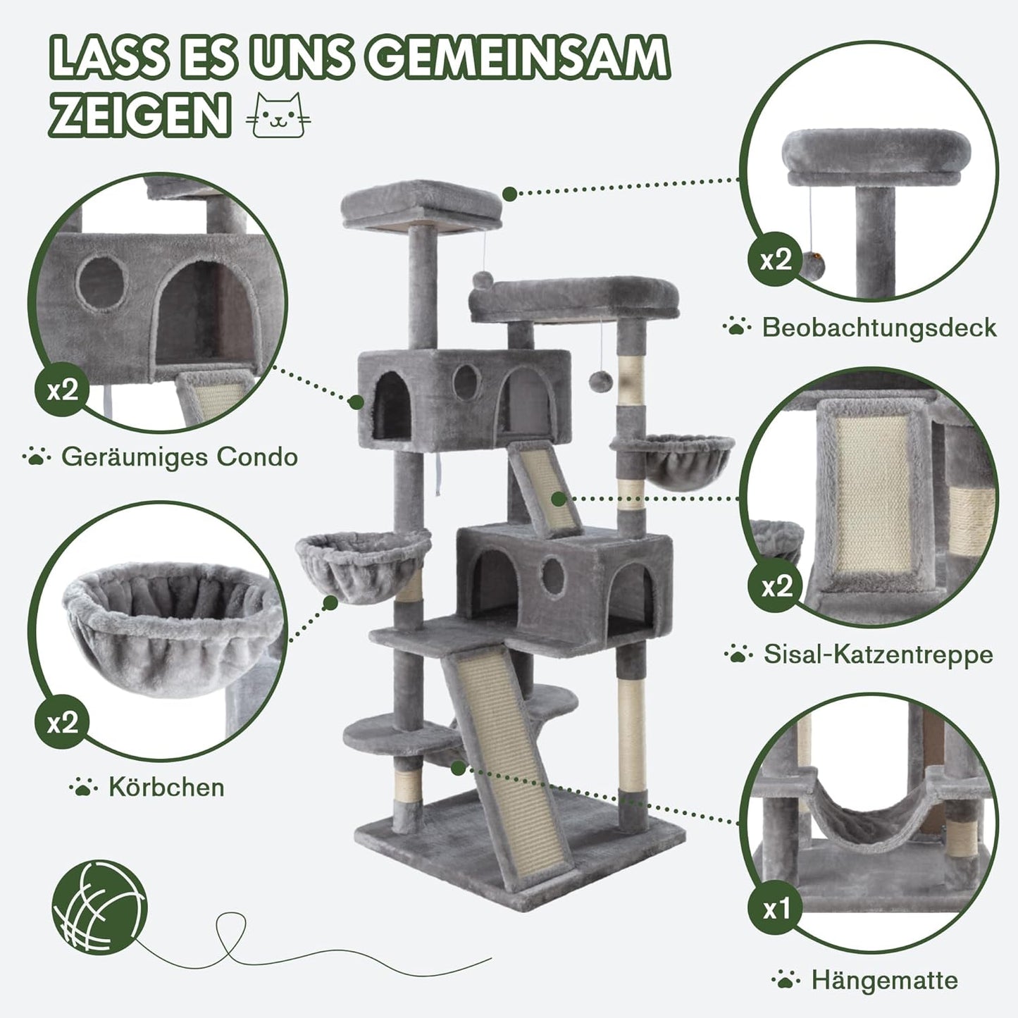 MUTICOR 66 Inches Multi-Level Large Cat Tree Tower for Indoor Big Feline/Cozy Plush Perches/Condo/Sisal Scratching Posts/Hammock and Baskets/Activity Center Play House/Wide Base/Grey