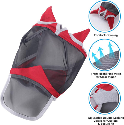 Horse Fly Mask with Ears & Long Nose Cover | Forelock Opening for Tangle-Free Mane Care | UV Protection & Breathable Mesh | No Rub Fit and Enhanced Visbility for Trail Riding Red Pony