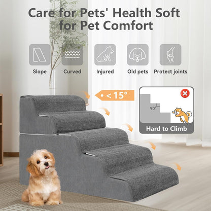 𝟱 𝗦𝘁𝗲𝗽𝘀 Dog Stairs for High Beds, 21.3" Tall Pet Steps for Small to Large Dogs & Cats, Waterproof with Removable Cover & PE Support Board for Bed, Couch, or Car