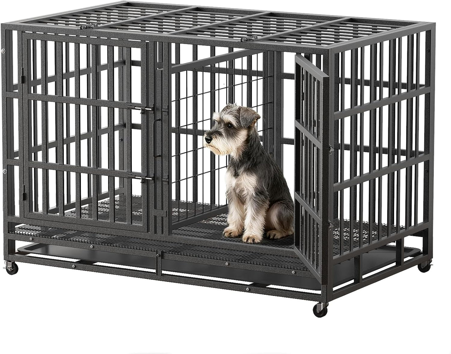 48 Inch Heavy Duty Indestructible Double Dog Crate Steel Escape Proof,Indoor Three Doors Cage,Kennel with Wheels,Removable Tray and Baffle