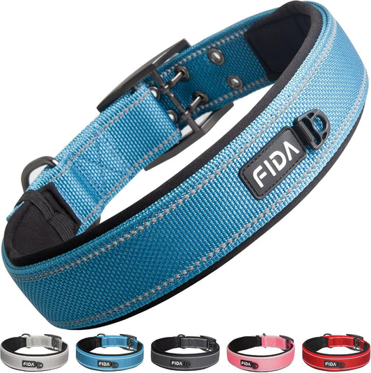 Fida Heavy Duty Dog Collar 1.5” Width, Ultra Soft Neoprene Padded, Adjustable Reflective Nylon Pet Collar with Two Metal Pin Belt Buckle for Extra-Large Breeds (XL, Blue)
