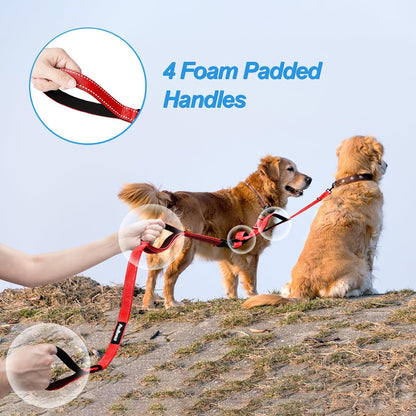 PetBonus Double Dog Leash, No Tangle Dual Leash, Reflective Walking Training Lead, 4 Comfortable Padded Handles for 2 Dogs with Collapsible Bowl and Waste Bags (Red, Large)