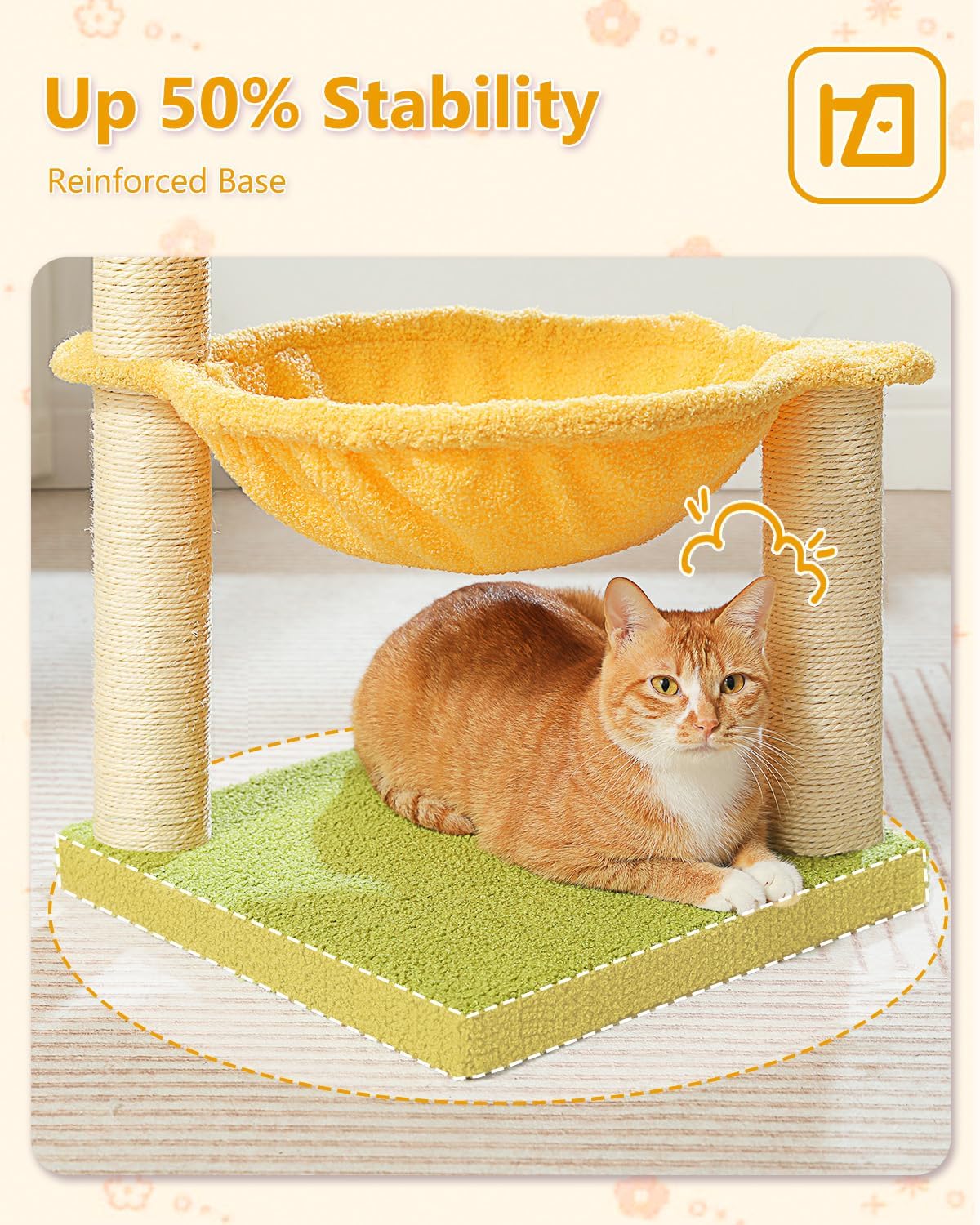 28" Flower Cat Tree Cute with Flower Top Perch, Large Hammock for Indoor Small Cats, Small Cat Tower with Cute Scratching Post and Fur Toy Ball for Kittens, Yellow