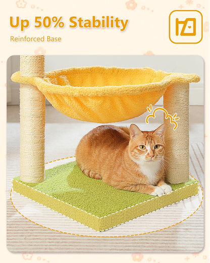 28" Flower Cat Tree Cute with Flower Top Perch, Large Hammock for Indoor Small Cats, Small Cat Tower with Cute Scratching Post and Fur Toy Ball for Kittens, Yellow