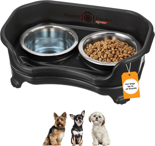 Neater Feeder Express Mess Proof Dog Bowls Elevated for Small Breeds Under 15 Lb, Made in USA, No Spill Raised Dog Food Bowl Stand, Stainless Steel Food and Water Bowl Set, Feeding Station, Black