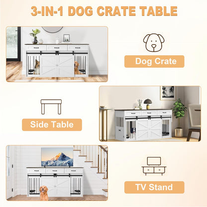 RQZ 65" Double Dog Crate Furniture for 2 Dogs Heavy Duty Wood Dog Cage Table with 3 Storage Drawers and 4 Stainless Steel Bowls Dog Kennel Indoor for Medium Large Dogs