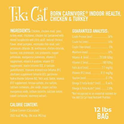 Tiki Cat Born Carnivore Indoor Health Dry Cat Food, Chicken & Turkey Meal, 12 lbs. Bag