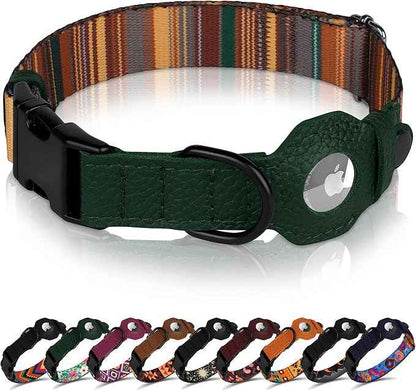 AirTag Dog Collar with Metal Buckle - Printed Nylon Soft Leather Dog Collar with Apple AirTag Holder - Secure Tracking GPS Pet Collars for Girl Boy Small Large Dogs (S, 12"-15" Neck Fit, Striped)