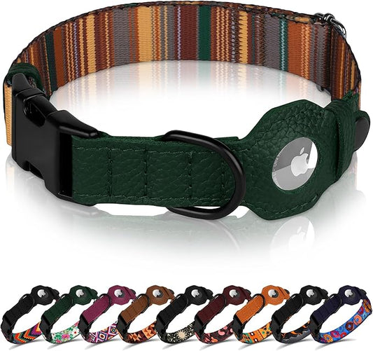 AirTag Dog Collar with Metal Buckle - Printed Nylon Soft Leather Dog Collar with Apple AirTag Holder - Secure Tracking GPS Pet Collars for Girl Boy Small Large Dogs (XL, 20"-25" Neck Fit, Striped)